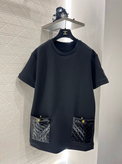 25 Round neck spliced diamond-patent leather short sleeves
