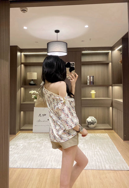25 Off-shoulder zipper short-sleeved shorts set