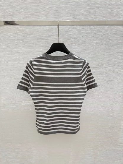 2025 new striped knitted round neck short sleeves