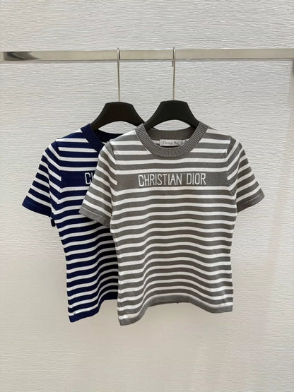 2025 new striped knitted round neck short sleeves