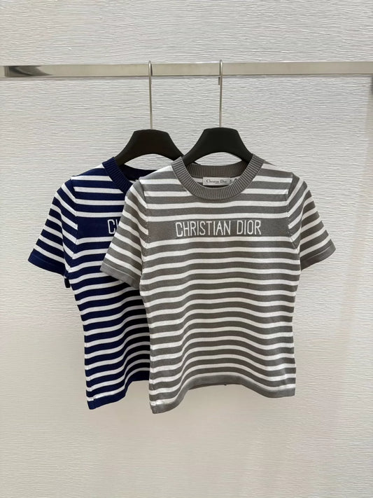 2025 new striped knitted round neck short sleeves