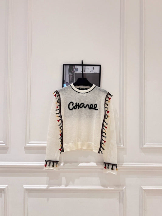 25fw Color blocking fringe design sweater(vintage series)