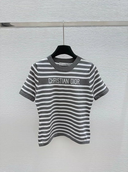 2025 new striped knitted round neck short sleeves