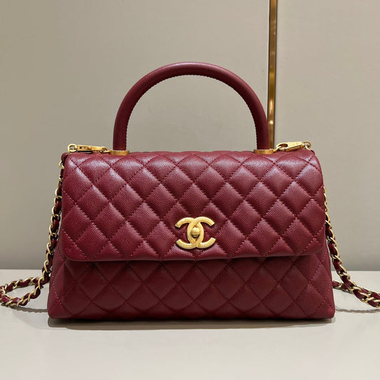 LARGE FLAP BAG WITH TOP HANDLE 29  Small Grained Calfskin Red Wine Color