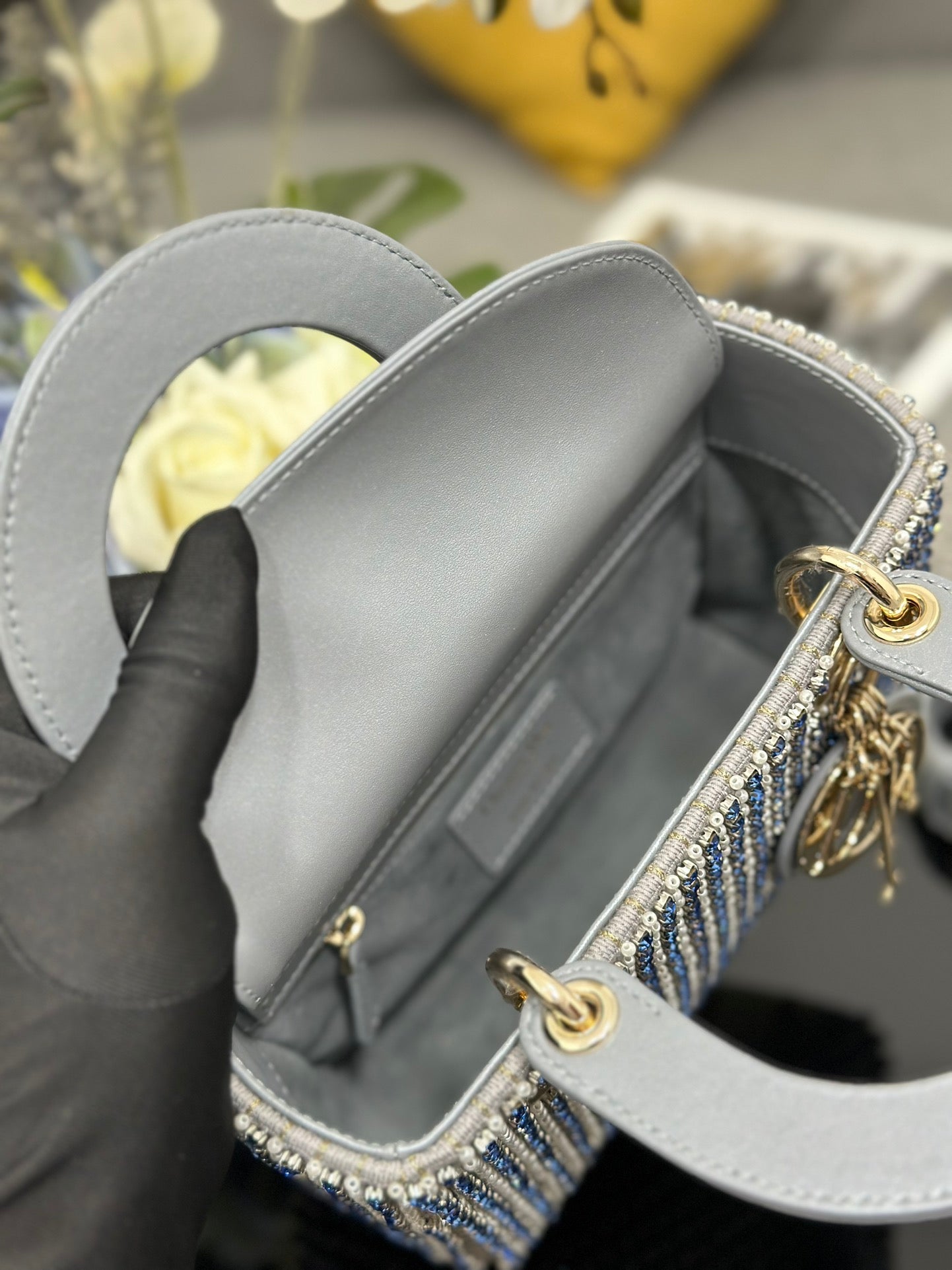 Mini Lady  Bag  Grey Sapphire Pearl decoration Embroidery
