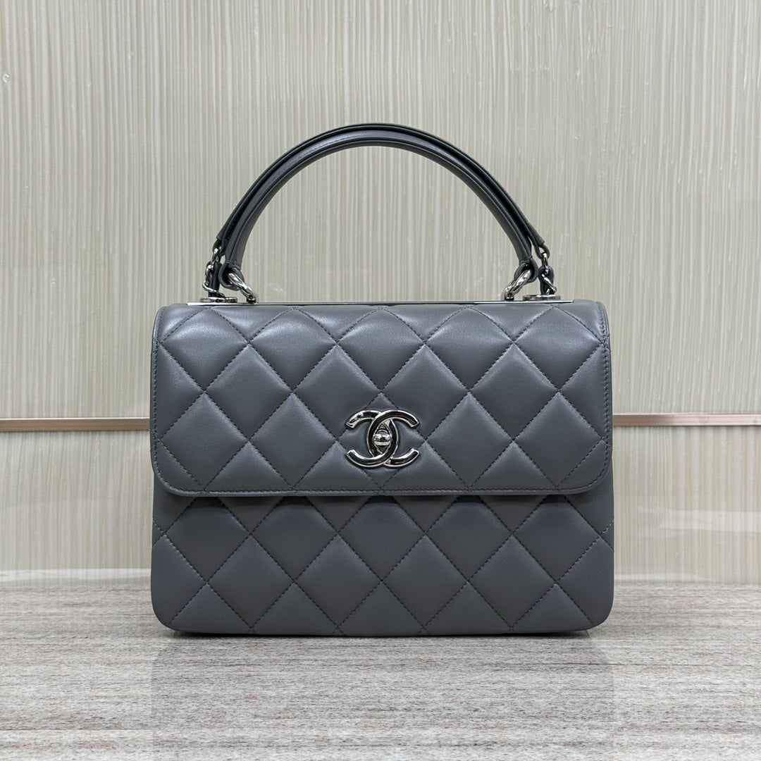 FLAP BAG WITH TOP HANDLE Trendy cc Lambskin Gray