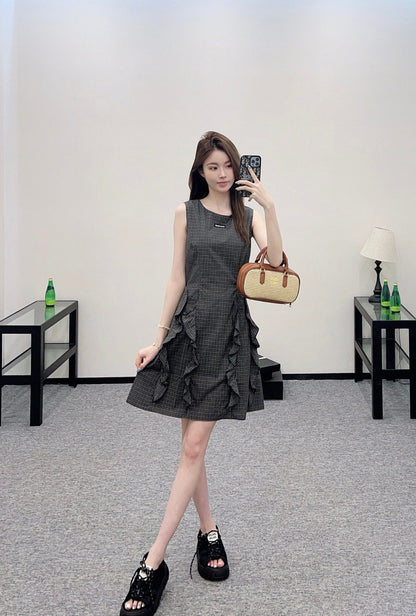 2025 new product Plaid lace vest skirt