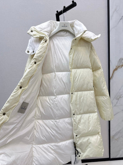 mid-length down jacket with hood and sleeve badge