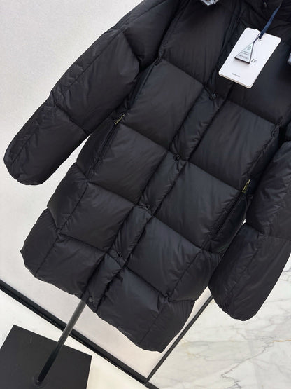 mid-length down jacket with hood and sleeve badge