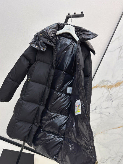 mid-length down jacket with hood and sleeve badge