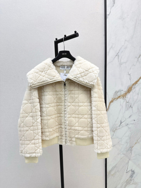 Check fur coat with large lapels