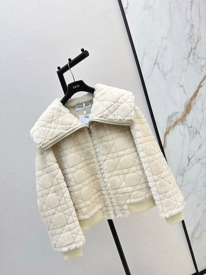 Check fur coat with large lapels