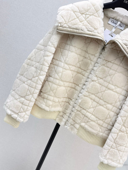 Check fur coat with large lapels