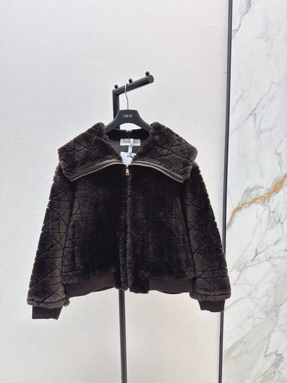 Check fur coat with large lapels