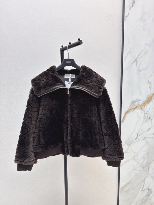Check fur coat with large lapels