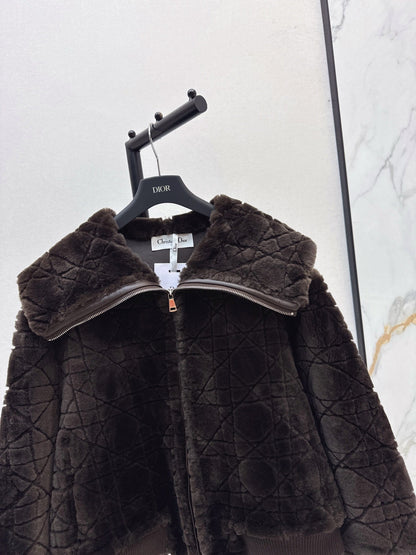 Check fur coat with large lapels