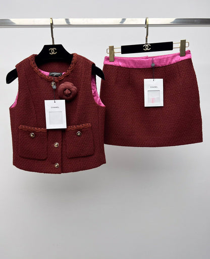 Retro Caramel Tweed Vest + Skirt Set (Advanced Hand-Spun Series)