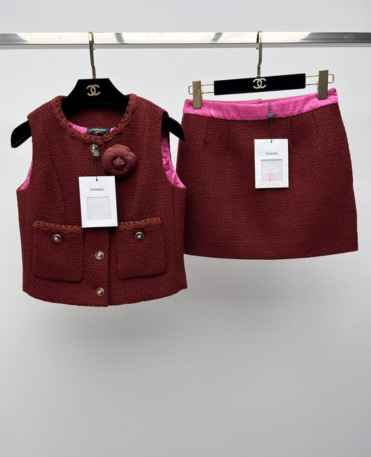 Retro Caramel Tweed Vest + Skirt Set (Advanced Hand-Spun Series)